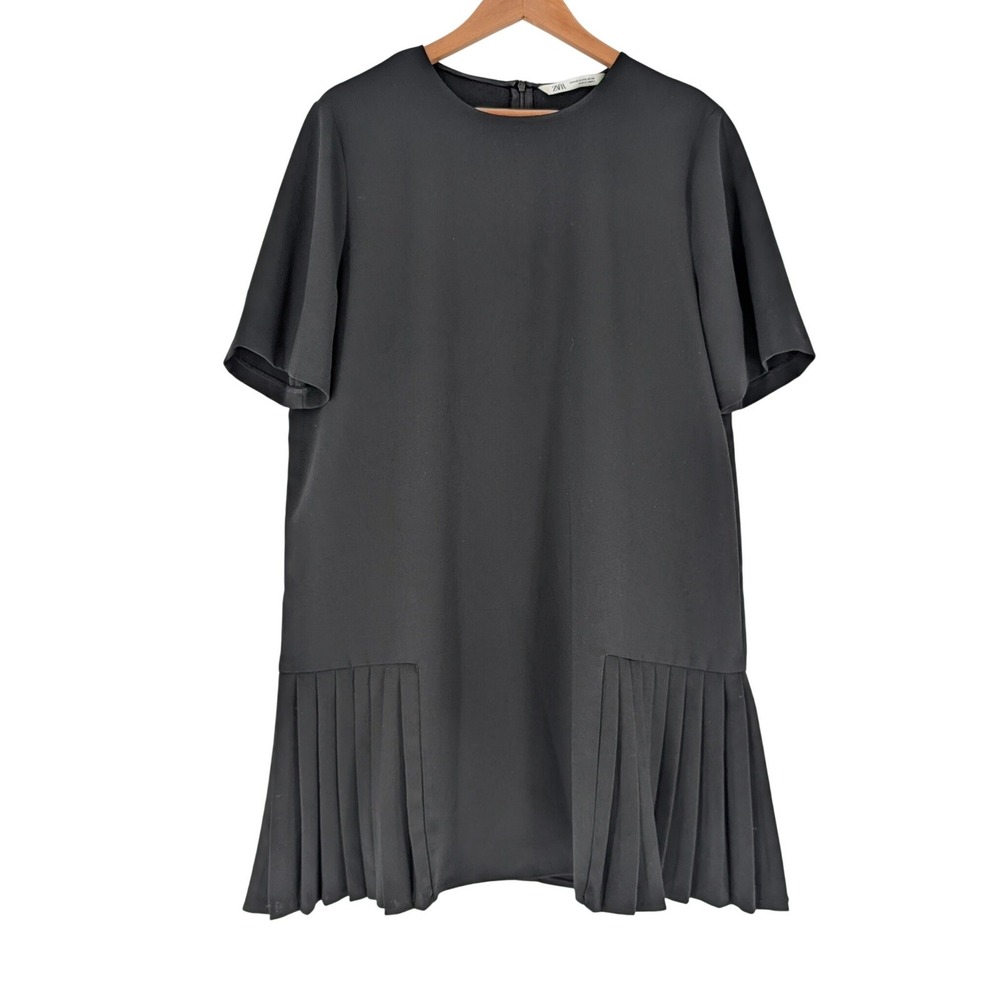 Zara Pleated Drop Waist Shift Dress Womens XXL Black Excellent Mini Short Sleeve
